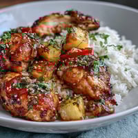 A colorful pineapple chicken and rice skillet with bell peppers, showcasing tender chicken and juicy pineapple in a glossy sauce.