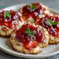 Fresh strawberry jam thumbprint cookies with golden edges and vibrant red filling, ready for a delightful afternoon treat.