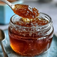 Dandelion Jelly on a rustic wooden board with fresh dandelion blossoms and a butter knife for spreading.