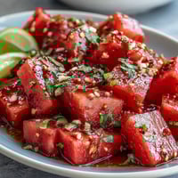 Fresh watermelon slices dusted with Tajin and lime juice offer a vibrant, tangy-sweet snack perfect for summer picnics.