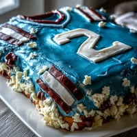 Festive graduation cake shaped like a sports jersey with fondant detailing in bold team colors for a boys celebration.