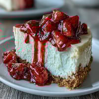 No-bake strawberry cheesecake with a golden graham cracker crust and glossy strawberry sauce. Creamy, rich filling layered with fresh berries for a refreshing summer dessert.