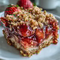 Golden baked Strawberry Rhubarb Crumble Bars with juicy fruit topping.