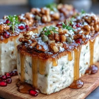Whipped butter spread with fresh herbs, honey, and pomegranate seeds served on a wooden board with toasted baguette slices and crackers.