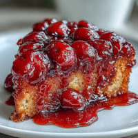 Glistening cherries atop a caramelized upside-down cake, a perfect dessert.