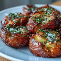 Crispy smashed potatoes golden and crunchy with fresh herbs and flaky sea salt.