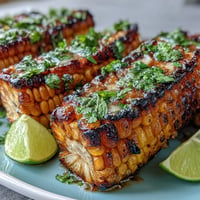 Juicy grilled corn ribs glistening with chili lime butter, a smoky, zesty summer side.