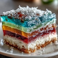 Agar-Agar Rainbow Jelly Cake, vibrant layers topped with creamy coconut bliss.